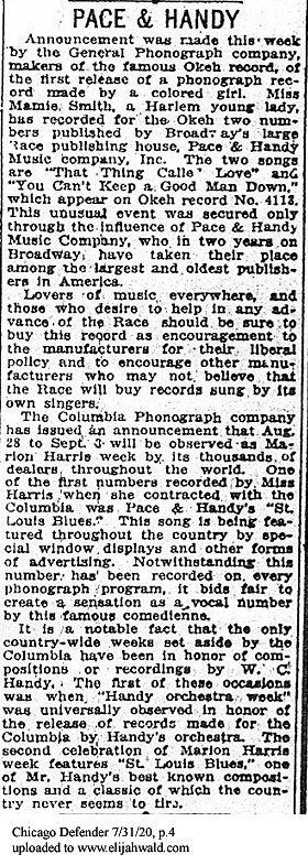 Pace-Handy announcement of first Mamie Smith release